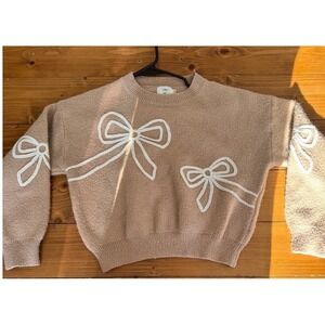 Luna Ivy Tan Knit Bow Sweater Embroidered Crewneck CC0914 Small